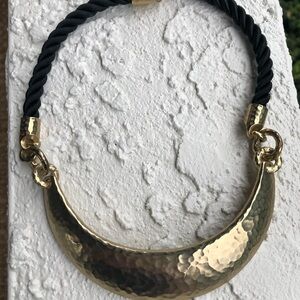 Chico's Gold Hammered Crescent Necklace with Black Rope